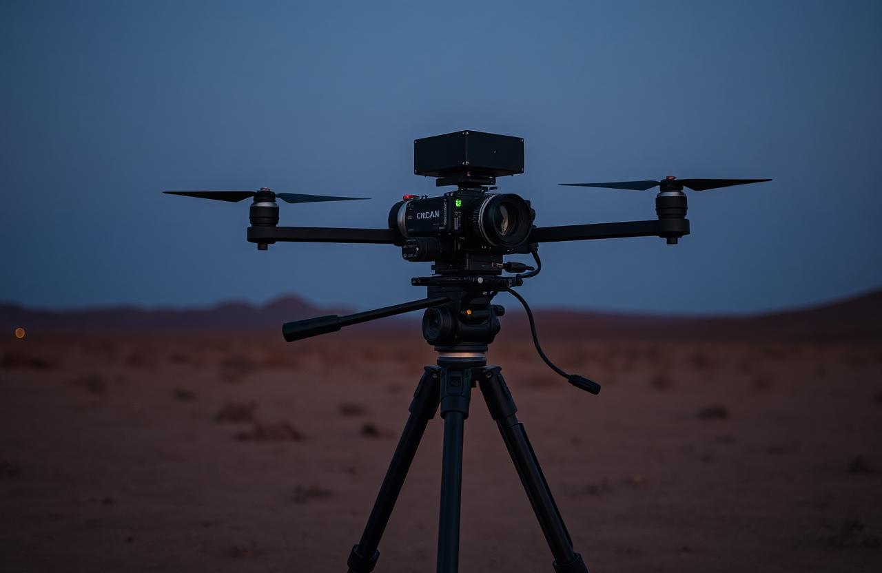 Drone sensor array deployed on a rugged tripod in desert