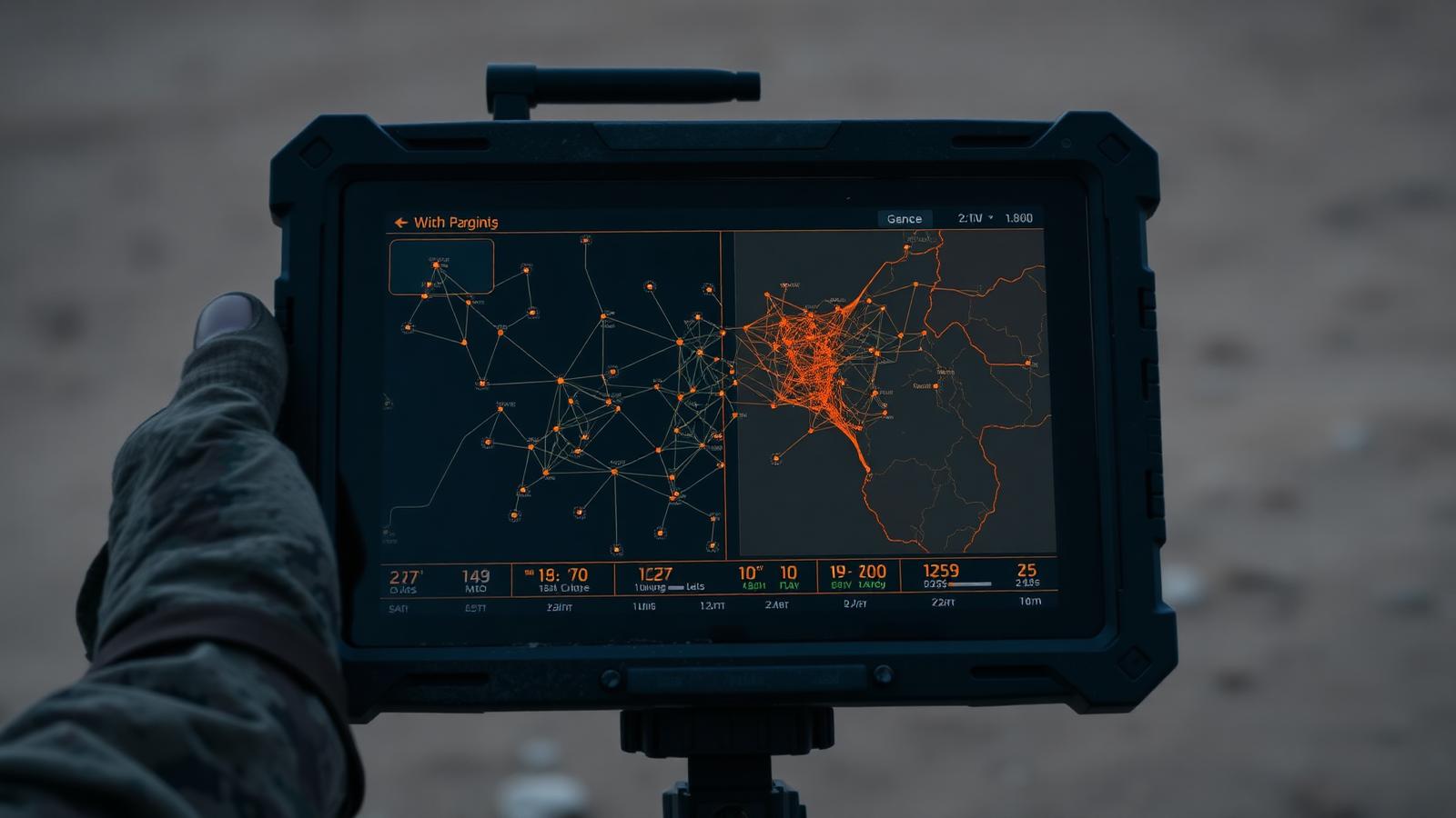 Rugged tablet displaying a field map with mesh nodes, relay paths and operator positions
